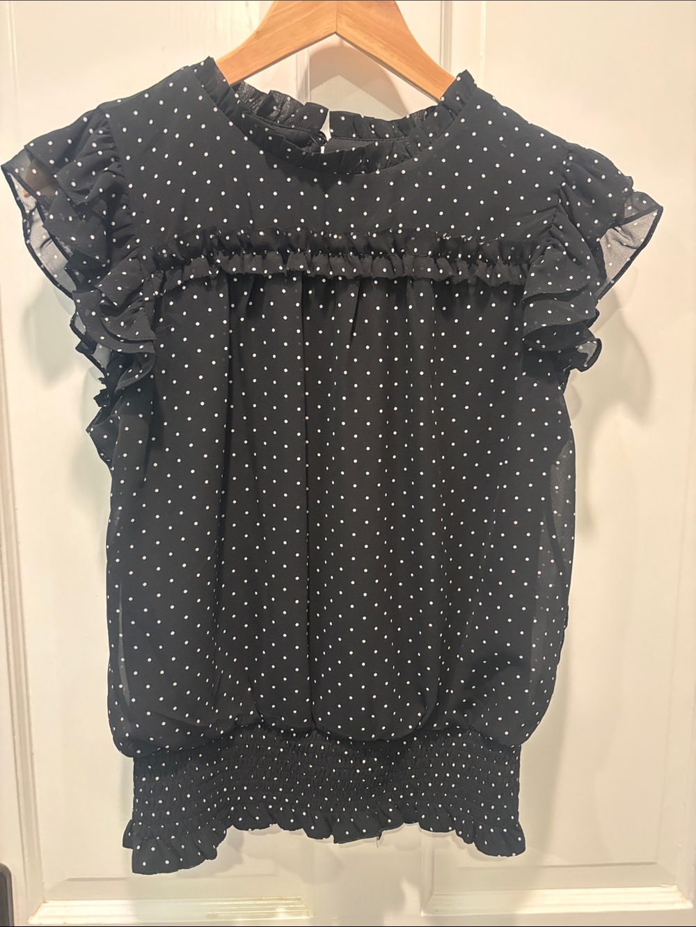 Black Polka Dot Ruffle Blouse - Women's